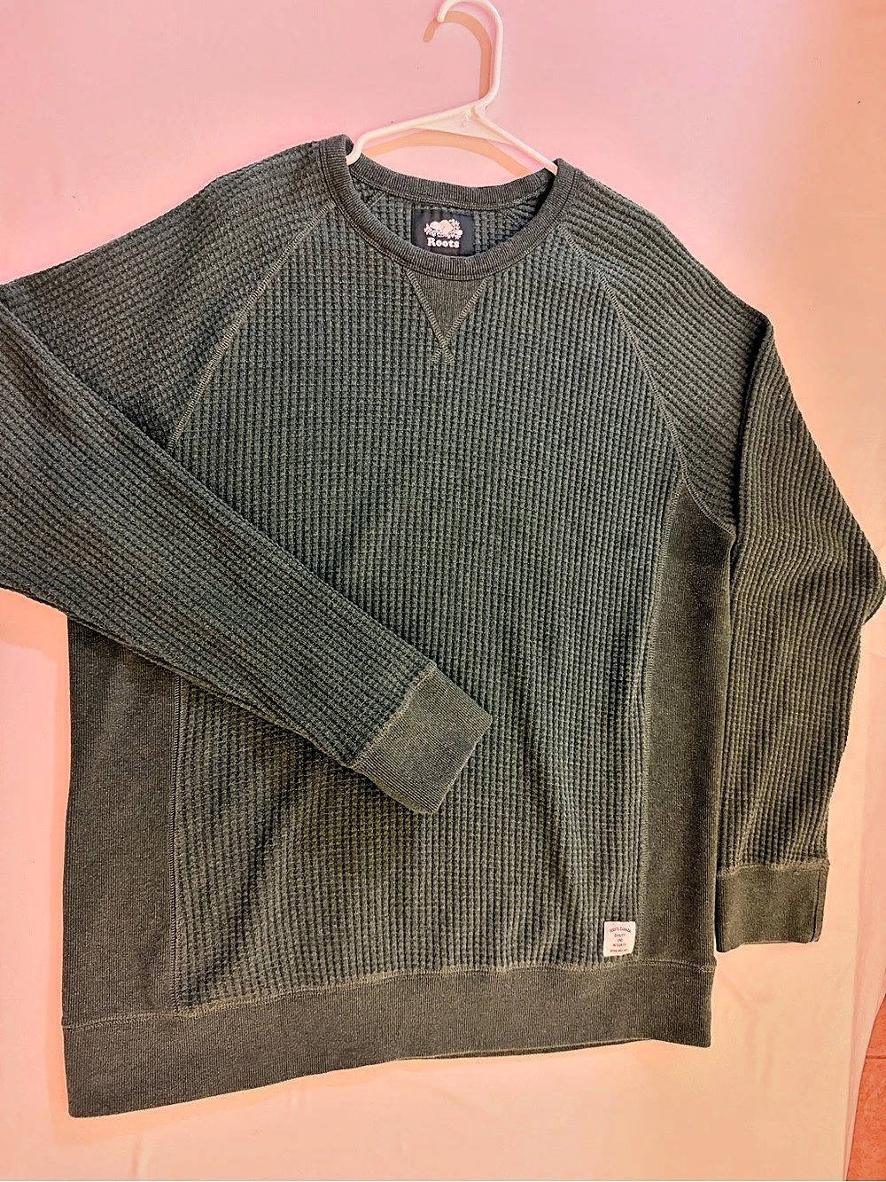Roots Waffle Long Sleeve Top Crewneck XL Green